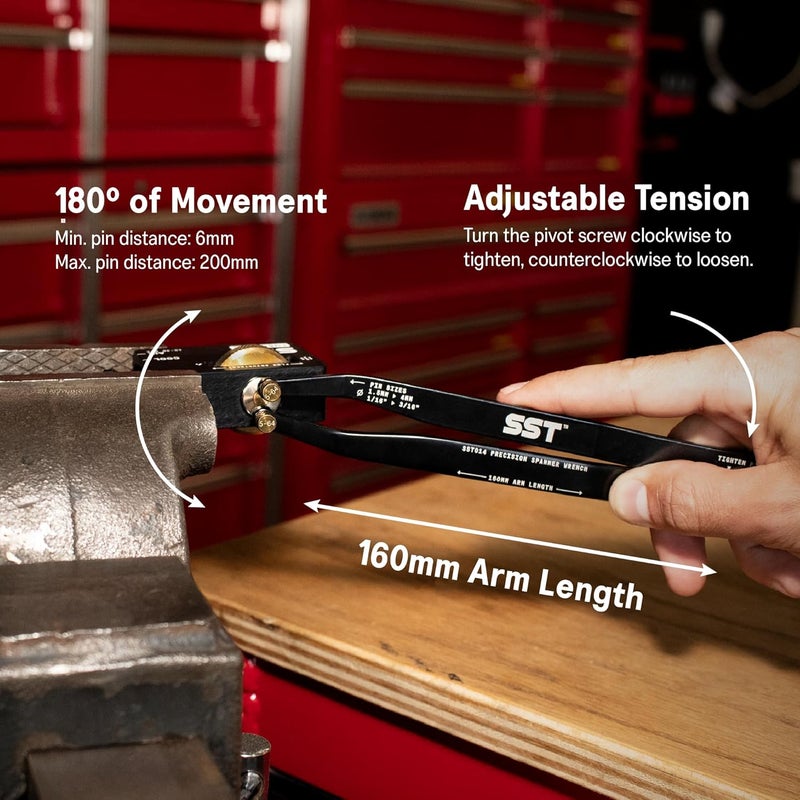 Stupid Simple Tools SST® - Precision Spanner Wrench – For Obscure Hardware & Fasteners – Includes 12 Metric & Imperial Steel Pin Sizes – Adjustable Tension – 160mm Arm – 180° Movement – With Storage Case - Image 4